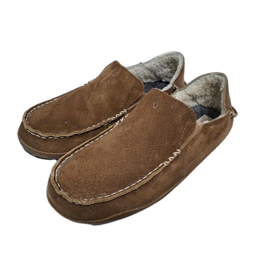OLUKAI Nohea Slipper Women's 10 Brown Suede Slip On Moccasins Shearling Lined